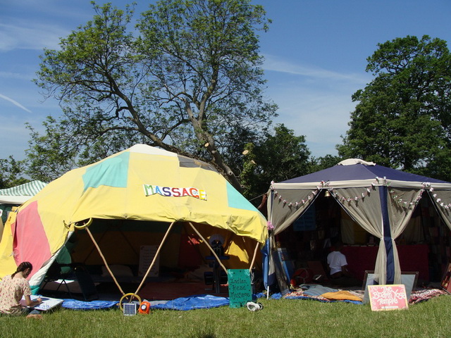 The festival organisers allocate a lovely dome for us as the massage tent, and we set up a Temple tent just beside it.